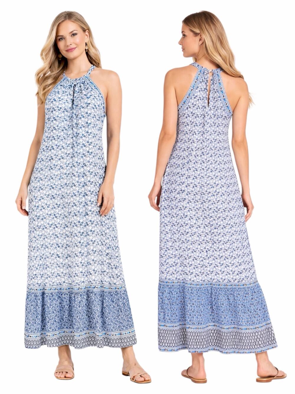 Ann Taylor LOFT Border Flounce Halter Neck Maxi Dress Blue Size XXS
